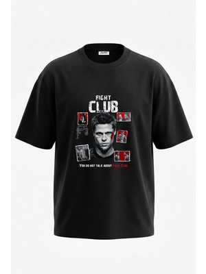 Anetos Fight Club_2 Tasarım Sırt Baskılı Pamuk Siyah Oversize T-Shirt