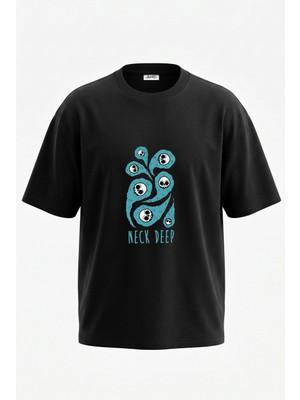 Anetos Neck Deep Tasarım Sırt Baskılı Pamuk Siyah Oversize T-Shirt