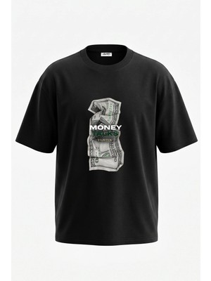 Anetos Dollar Bill Tasarım Sırt Baskılı Pamuk Siyah Oversize T-Shirt