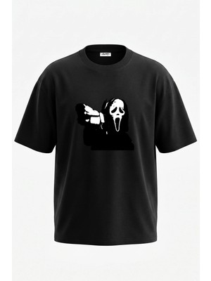 Anetos Ghostface Tasarım Sırt Baskılı Pamuk Siyah Oversize T-Shirt