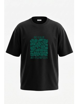 Anetos No Rain Flowers Tasarım Sırt Baskılı Pamuk Siyah Oversize T-Shirt
