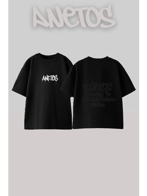 Anetos Calligraphy Art Tasarım Sırt Baskılı Pamuk Siyah Oversize T-Shirt