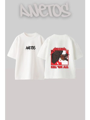 Anetos Berserk Metallica Tasarım Sırt Baskılı Pamuk Beyaz Oversize T-Shirt