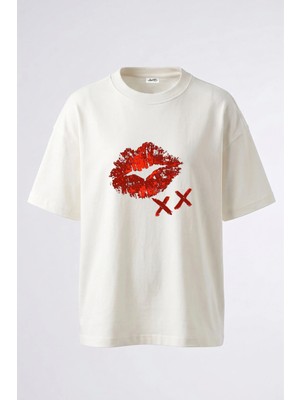 Anetos Lip Print Xx Tasarım Sırt Baskılı Pamuk Beyaz Oversize T-Shirt