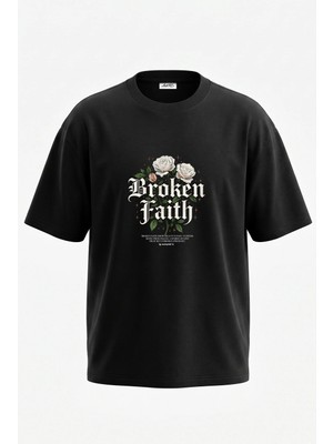Anetos Gothic Rose Tasarım Sırt Baskılı Pamuk Siyah Oversize T-Shirt