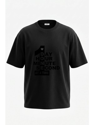 Anetos One At A Time Tasarım Sırt Baskılı Pamuk Siyah Oversize T-Shirt