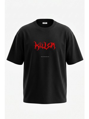 Anetos Killer Black Metal Tasarım Sırt Baskılı Pamuk Siyah Oversize T-Shirt