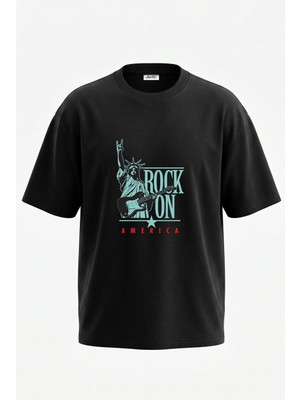 Anetos Liberty Rock Guitar Tasarım Sırt Baskılı Pamuk Siyah Oversize T-Shirt
