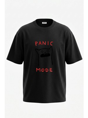 Anetos Panic Cat Tasarım Sırt Baskılı Pamuk Siyah Oversize T-Shirt