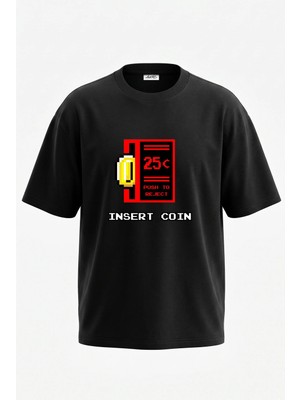 Anetos Insert Coin_1 Tasarım Sırt Baskılı Pamuk Siyah Oversize T-Shirt