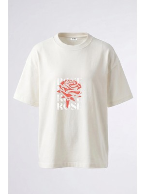 Anetos Geometric Rose Tasarım Sırt Baskılı Pamuk Beyaz Oversize T-Shirt