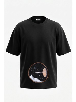 Anetos Gezegen Daglar Tasarım Sırt Baskılı Pamuk Siyah Oversize T-Shirt