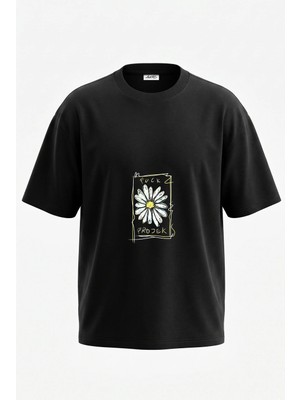 Anetos Graffiti Papatya Tasarım Sırt Baskılı Pamuk Siyah Oversize T-Shirt