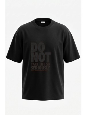 Anetos Life Not Serious Tasarım Sırt Baskılı Pamuk Siyah Oversize T-Shirt