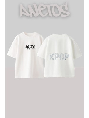 Anetos Kpop Groups Tasarım Sırt Baskılı Pamuk Beyaz Oversize T-Shirt