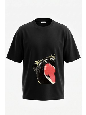 Anetos Le Chat Noir Tasarım Sırt Baskılı Pamuk Siyah Oversize T-Shirt