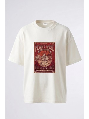 Anetos Pennywise Clown Tasarım Sırt Baskılı Pamuk Beyaz Oversize T-Shirt
