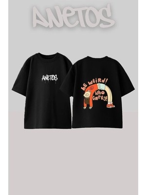 Anetos Weird Person Tasarım Sırt Baskılı Pamuk Siyah Oversize T-Shirt