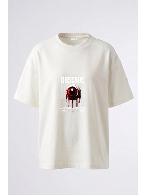 Anetos Kanayan Goz Tasarım Sırt Baskılı Pamuk Beyaz Oversize T-Shirt