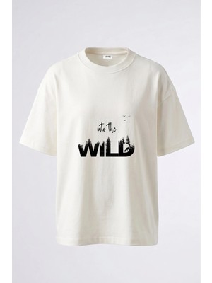 Anetos Pine Forest Deer Tasarım Sırt Baskılı Pamuk Beyaz Oversize T-Shirt