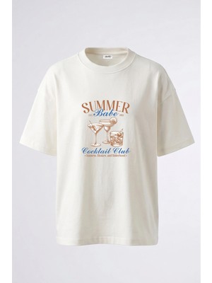 Anetos Summer Cocktails Tasarım Sırt Baskılı Pamuk Beyaz Oversize T-Shirt
