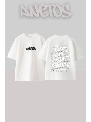 Anetos Sad Forever Tasarım Sırt Baskılı Pamuk Beyaz Oversize T-Shirt
