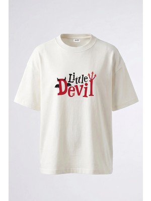 Anetos Little Devil Tasarım Sırt Baskılı Pamuk Beyaz Oversize T-Shirt