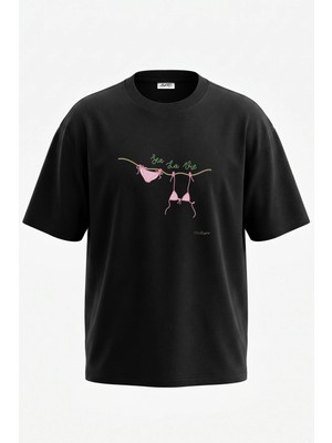 Anetos Pembe Bikini Tasarım Sırt Baskılı Pamuk Siyah Oversize T-Shirt