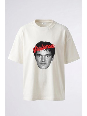 Anetos Quentin Tarantino Violence Tasarım Sırt Baskılı Pamuk Beyaz Oversize T-Shirt