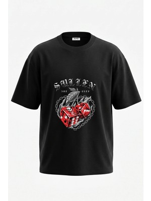 Anetos Zar Kuru Kafa Tasarım Sırt Baskılı Pamuk Siyah Oversize T-Shirt