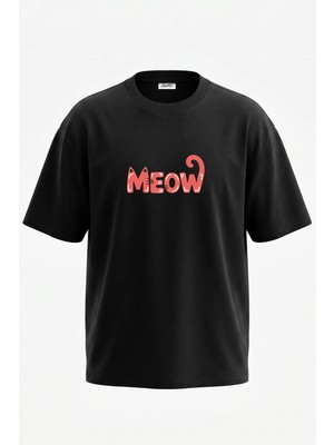 Anetos Kedi Meow Tasarım Sırt Baskılı Pamuk Siyah Oversize T-Shirt