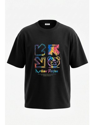 Anetos Graffiti Bear Tasarım Sırt Baskılı Pamuk Siyah Oversize T-Shirt
