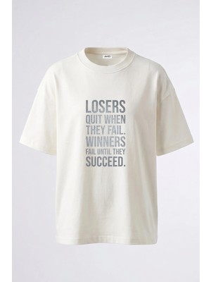 Anetos Success Quote Tasarım Sırt Baskılı Pamuk Beyaz Oversize T-Shirt