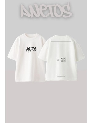 Anetos Rich Risk Tasarım Sırt Baskılı Pamuk Beyaz Oversize T-Shirt