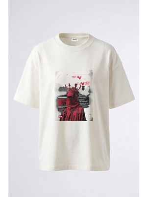 Anetos Brutalist King Tasarım Sırt Baskılı Pamuk Beyaz Oversize T-Shirt