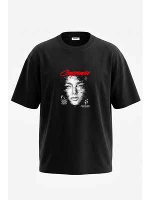 Anetos Compromise Piksel Yuz Tasarım Sırt Baskılı Pamuk Siyah Oversize T-Shirt