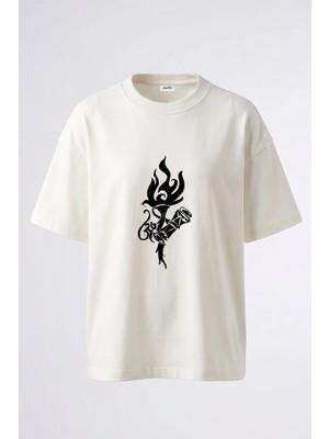 Anetos Om Flame Trishula Tasarım Sırt Baskılı Pamuk Beyaz Oversize T-Shirt
