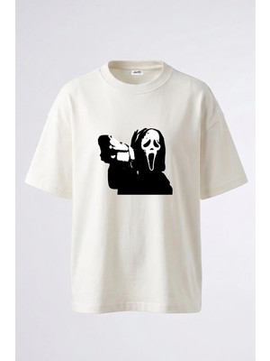 Anetos Ghostface Tasarım Sırt Baskılı Pamuk Beyaz Oversize T-Shirt