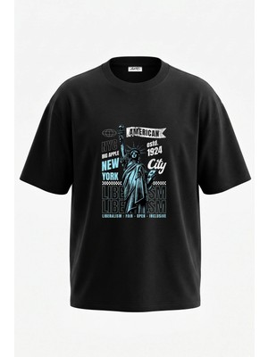Anetos Statue Of Liberty Tasarım Sırt Baskılı Pamuk Siyah Oversize T-Shirt