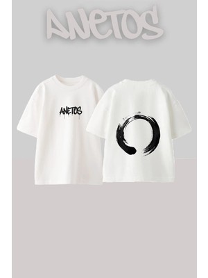 Anetos Zen Circle Tasarım Sırt Baskılı Pamuk Beyaz Oversize T-Shirt