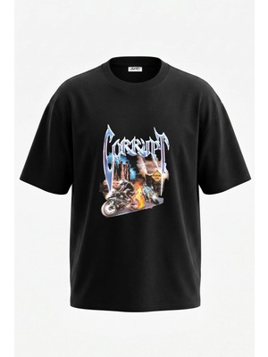 Anetos Corrupt Bikers Tasarım Sırt Baskılı Pamuk Siyah Oversize T-Shirt