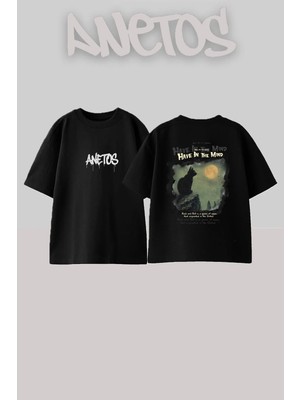 Anetos Full Moon Tasarım Sırt Baskılı Pamuk Siyah Oversize T-Shirt