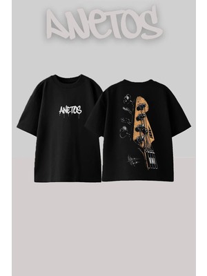 Anetos Bass Guitar Tasarım Sırt Baskılı Pamuk Siyah Oversize T-Shirt