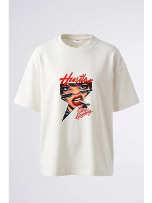 Anetos Pop Art Kadin Tasarım Sırt Baskılı Pamuk Beyaz Oversize T-Shirt