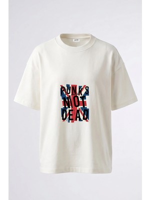 Anetos British Punk Tasarım Sırt Baskılı Pamuk Beyaz Oversize T-Shirt