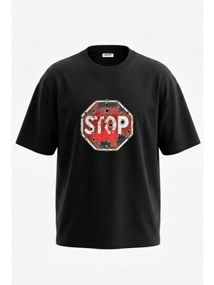 Anetos Stop War Tasarım Sırt Baskılı Pamuk Siyah Oversize T-Shirt