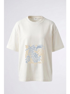 Anetos Deniz Yaz Tasarım Sırt Baskılı Pamuk Beyaz Oversize T-Shirt