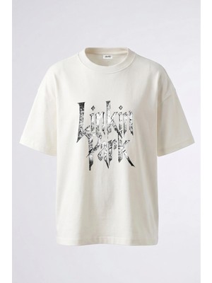Anetos Linkin Park_1 Tasarım Sırt Baskılı Pamuk Beyaz Oversize T-Shirt