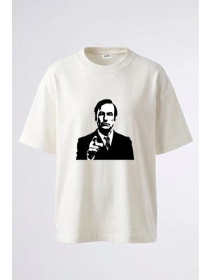 Anetos Saul Goodman_1 Tasarım Sırt Baskılı Pamuk Beyaz Oversize T-Shirt