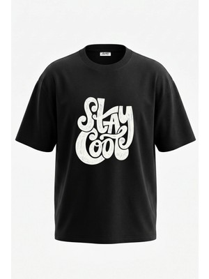 Anetos Stay Cool Tasarım Sırt Baskılı Pamuk Siyah Oversize T-Shirt